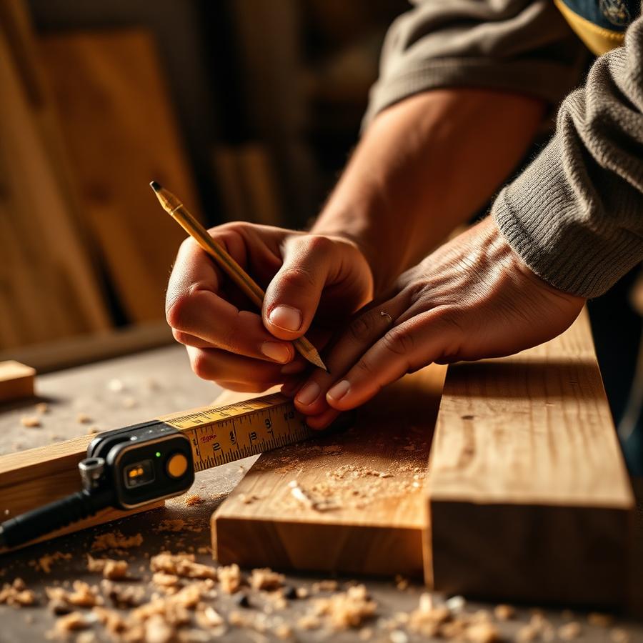 Carpenter measuring and marking timber on a workbench