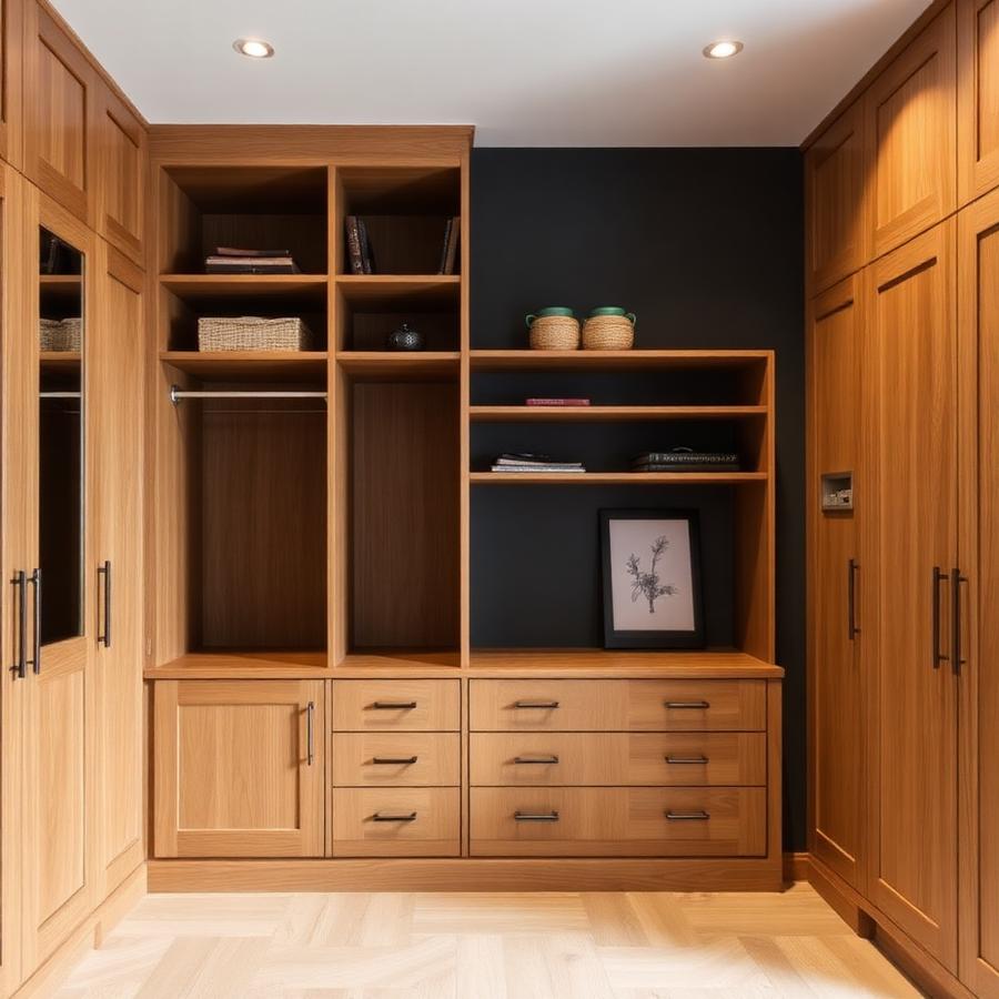Fitted oak wardrobe and alcove shelving